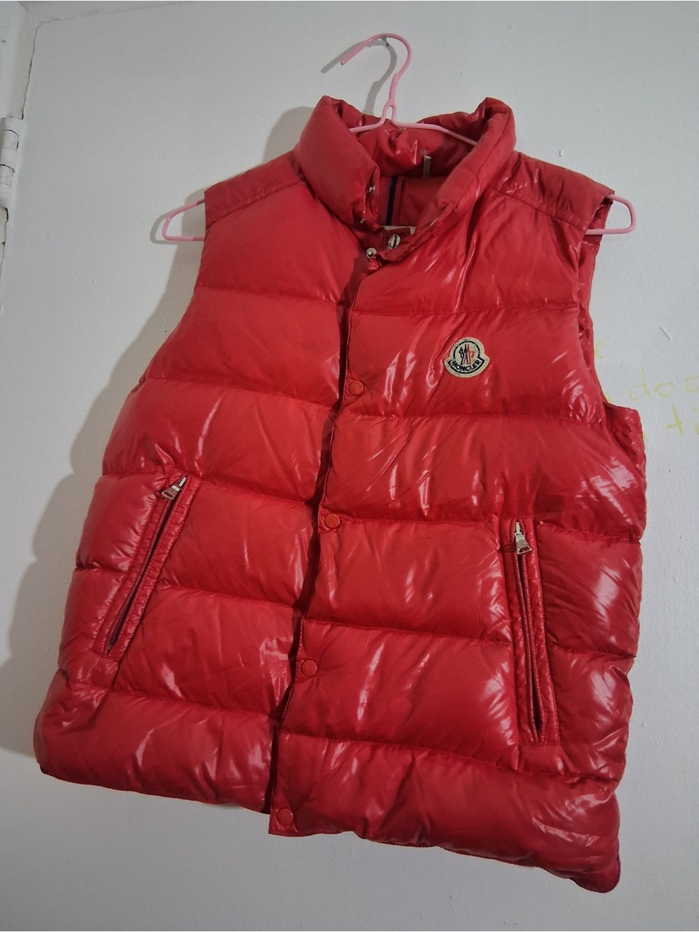 Moncler Red Quilted Down Zip-Up Vest with Logo Patch